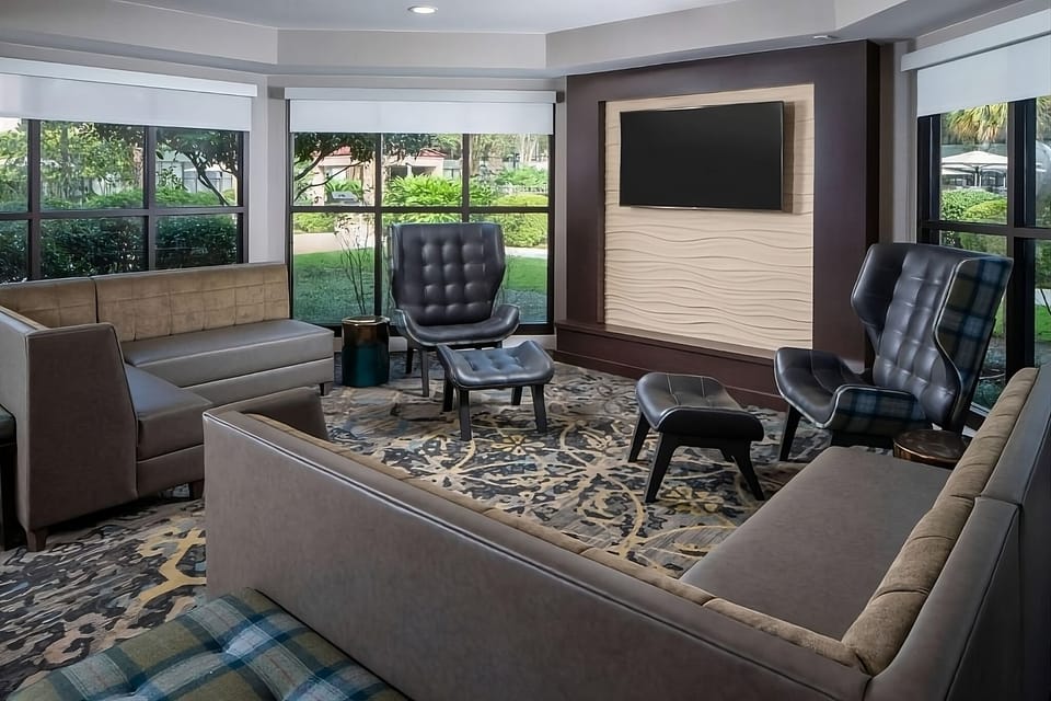 Kick back in the cozy lounge with roomy seating and TV.