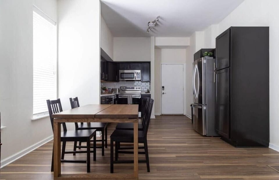 Great view of the dining and kitchen area