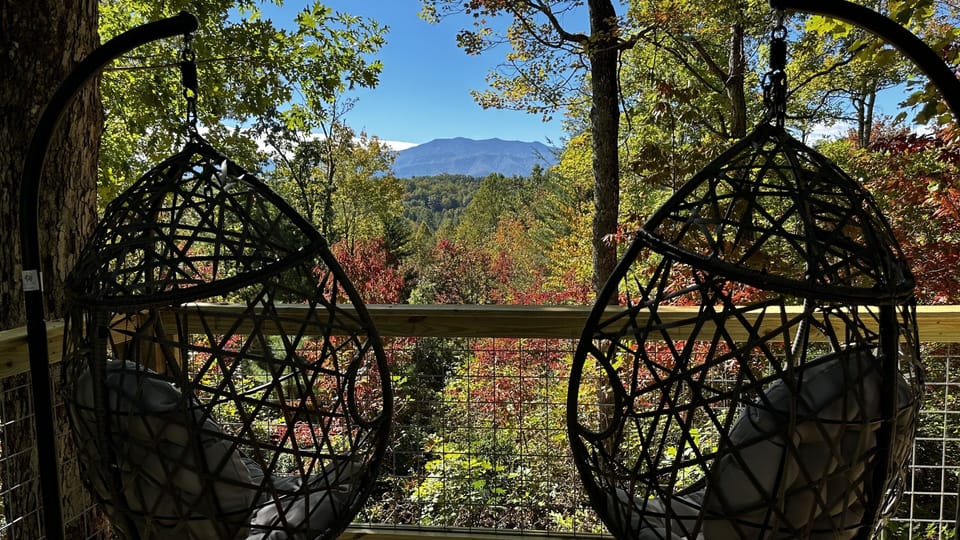 Swing into serenity with stunning views of Mount LeConte framed by vibrant forest colors.