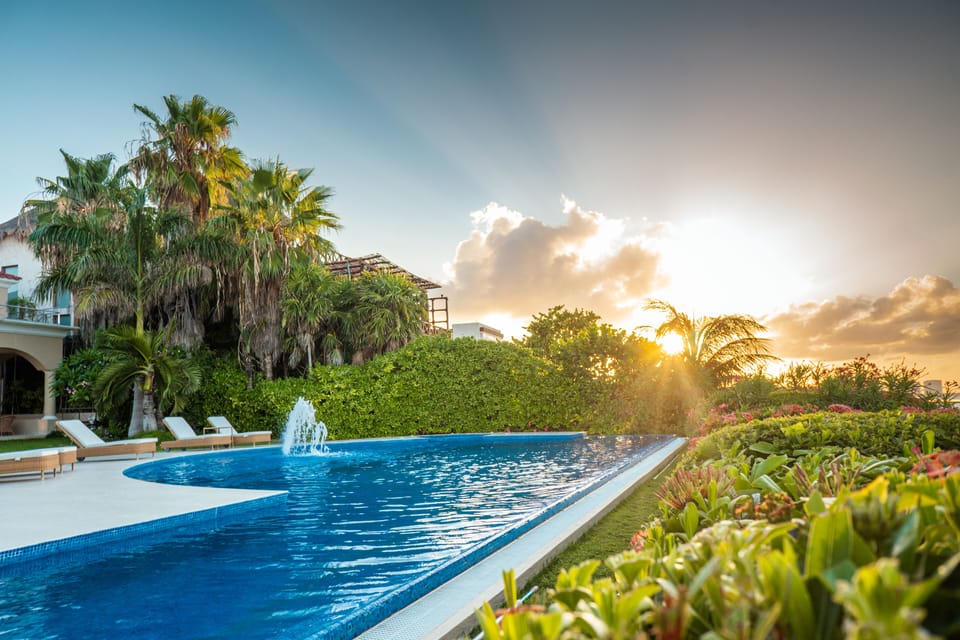 Pool, swim lane, fountain, sunset