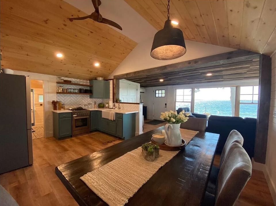 Dining area enjoys views of the lake