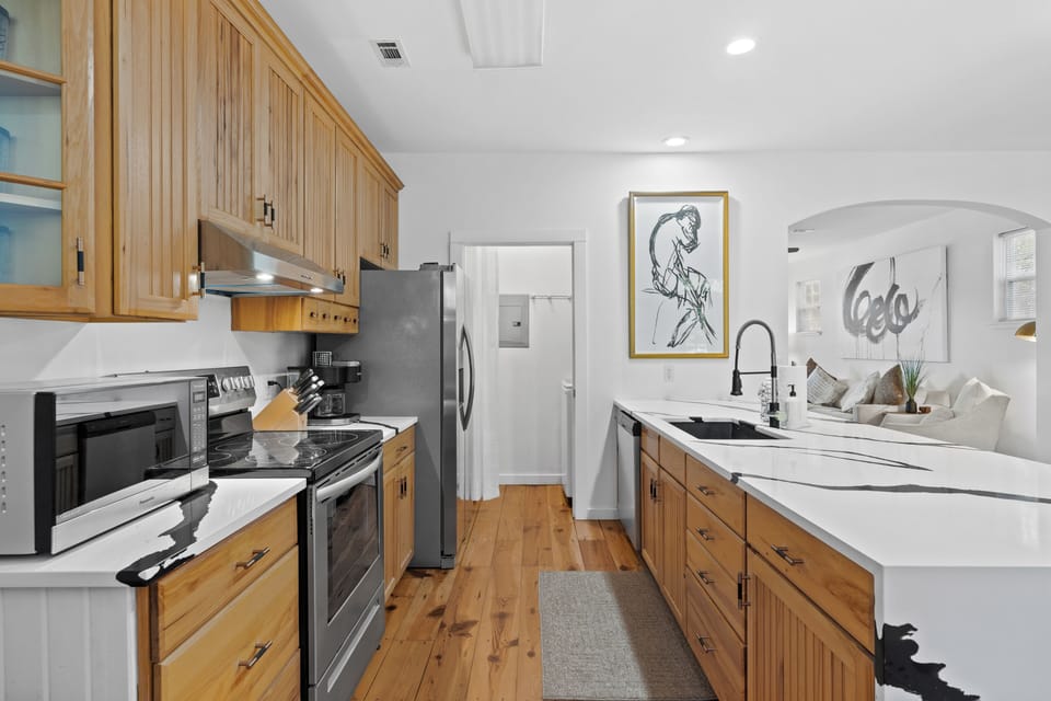 Spacious countertop and modern appliances perfect for culinary creations.
