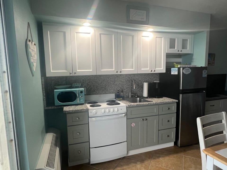 New kitchen cabinets, countertop, backsplash and lighting, plus new microwave.