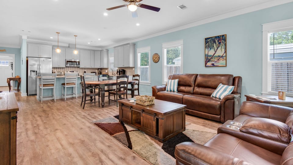 Boat and Beach Living Area, Dining Table and Kitchen