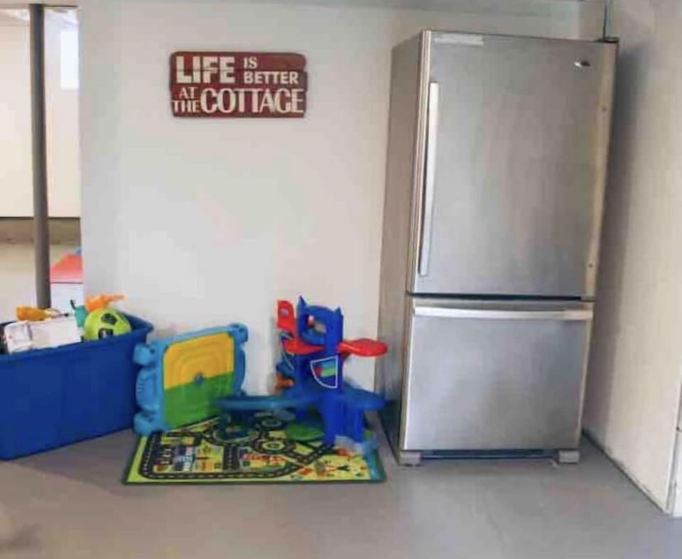 Basement fridge (2nd fridge) and toys.