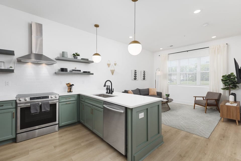Fully-stocked kitchen with all the appliances, dishware, utensils, and spices you'd need for a great meal. Open floor plan with lots of space and natural light.