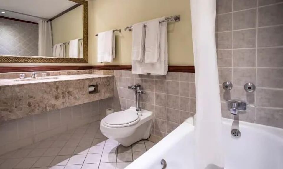 Refresh in a bright bathroom with deep tub and big mirror.