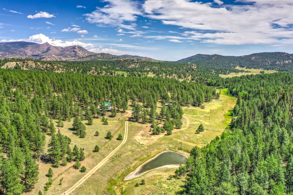 Aerial view of pond and cabin in white.