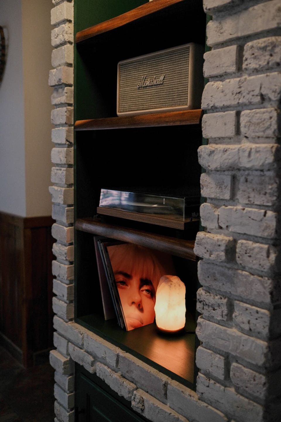 Custom built entertainment area w/ Marshall Stanmore, turntable, records