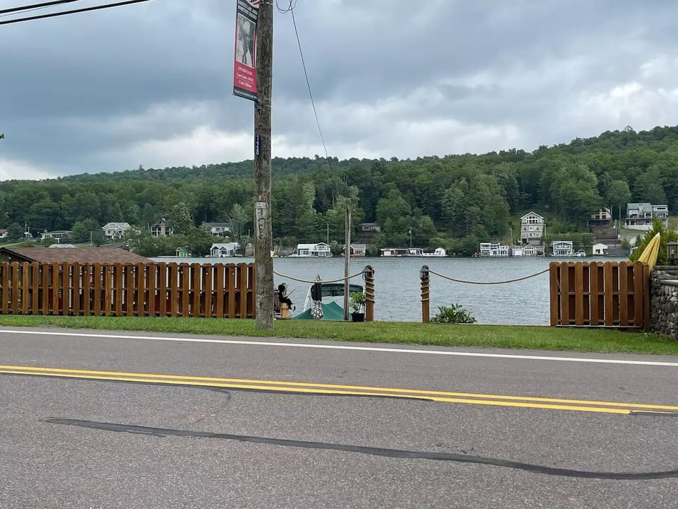 Lakefront across the road.  The house is a double block shared with other side.