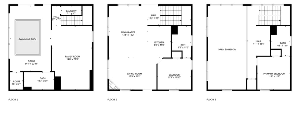 Floor plan with dimensions for all 3 levels.
