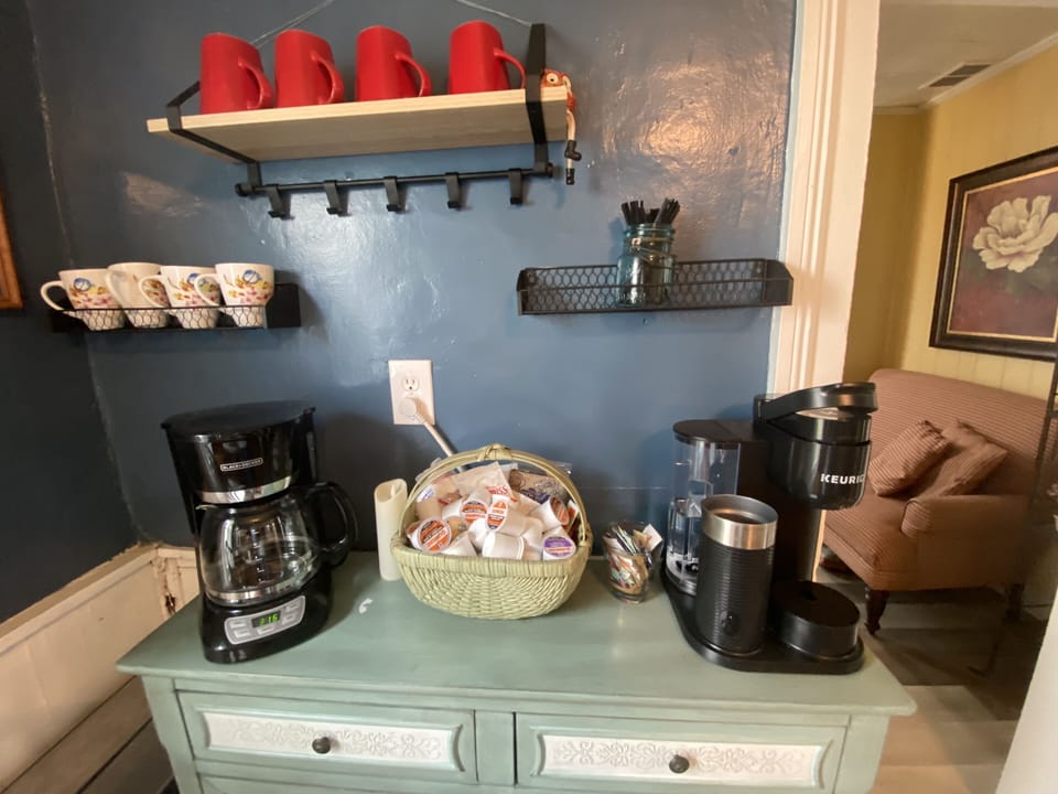 Coffee, creamers, tea & hot chocolate-find more staples in cupboards below.