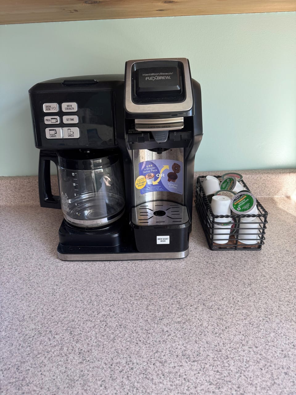 Coffee maker for single cup or full pot. Not shown microwave, toaster, blender.