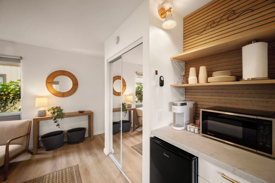 Kitchenette comes equipped with disposable cups/plates, coffee, tea, microwave.