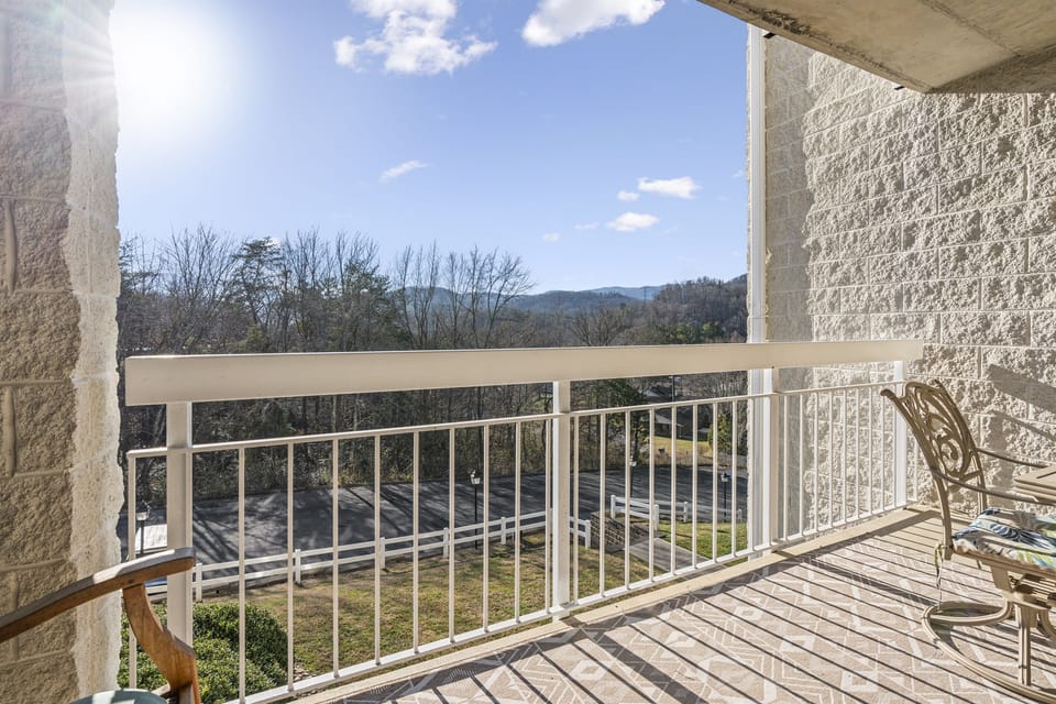 Covered patio with partial mountain views.