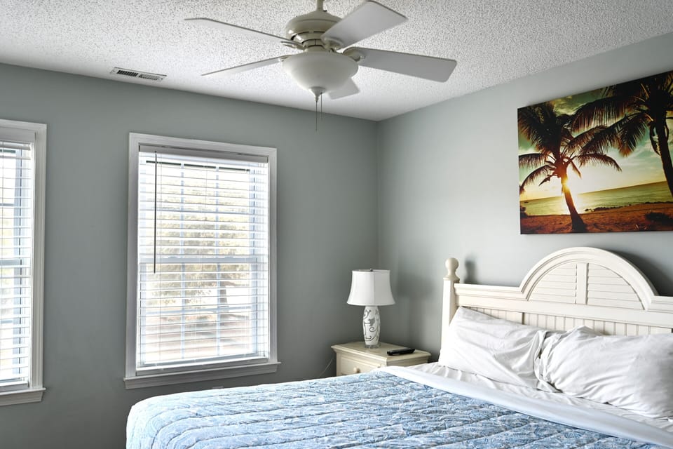 Master bedroom with a king bed, ceiling fan, and natural light