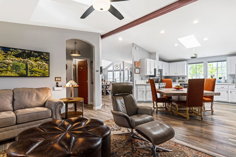 The living room and kitchen