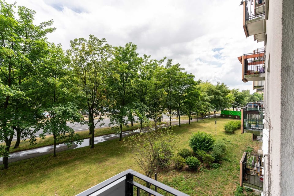 A view from the balcony overlooking a peaceful, tree-lined street with greenery.
