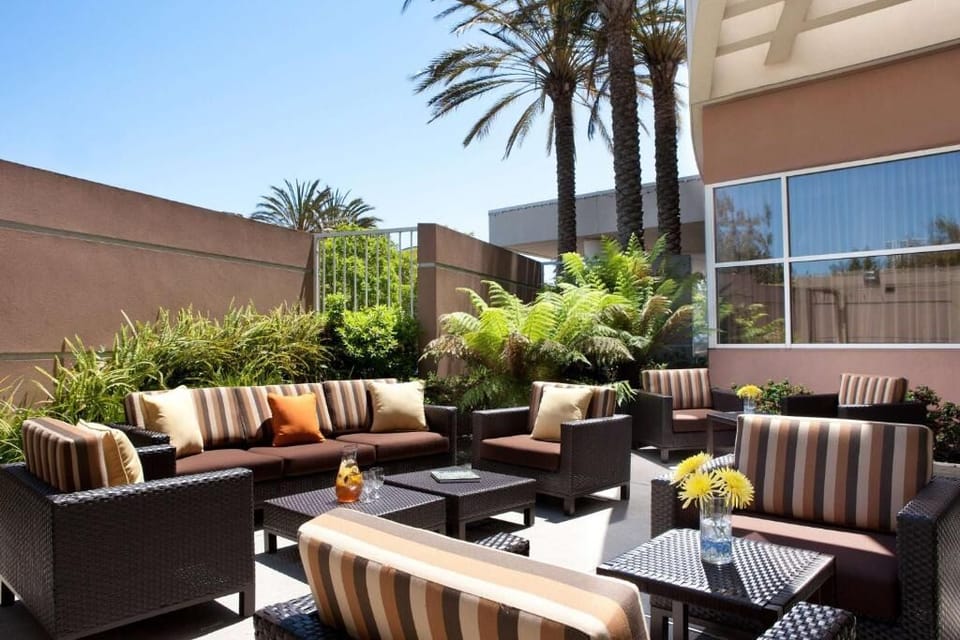 Unwind outdoors on plush seating surrounded by breezy palms.