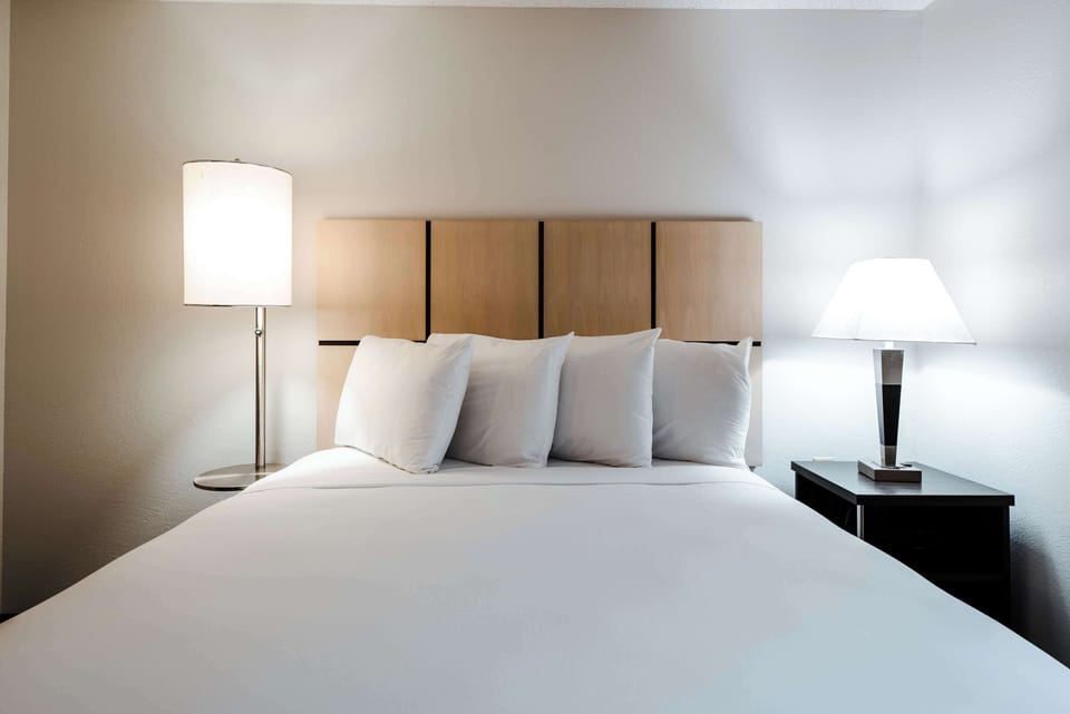 Drift off fast in a neatly made bed with cozy lamps.