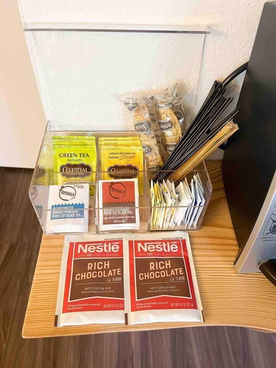Fully stocked coffee and hot tea bar.