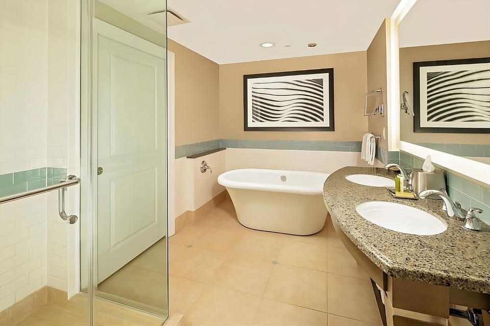 Get ready with ease in a clean, modern bathroom layout.