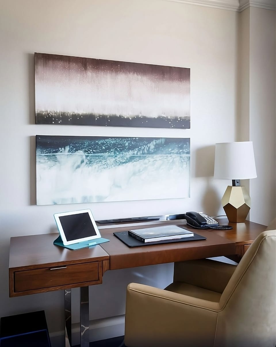 Plan your day at the spacious desk with warm lighting.