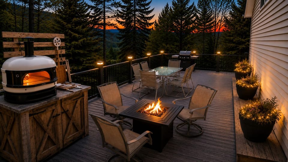 The patio at night! Make pizza in the pizza oven & relax by the gas firepit
