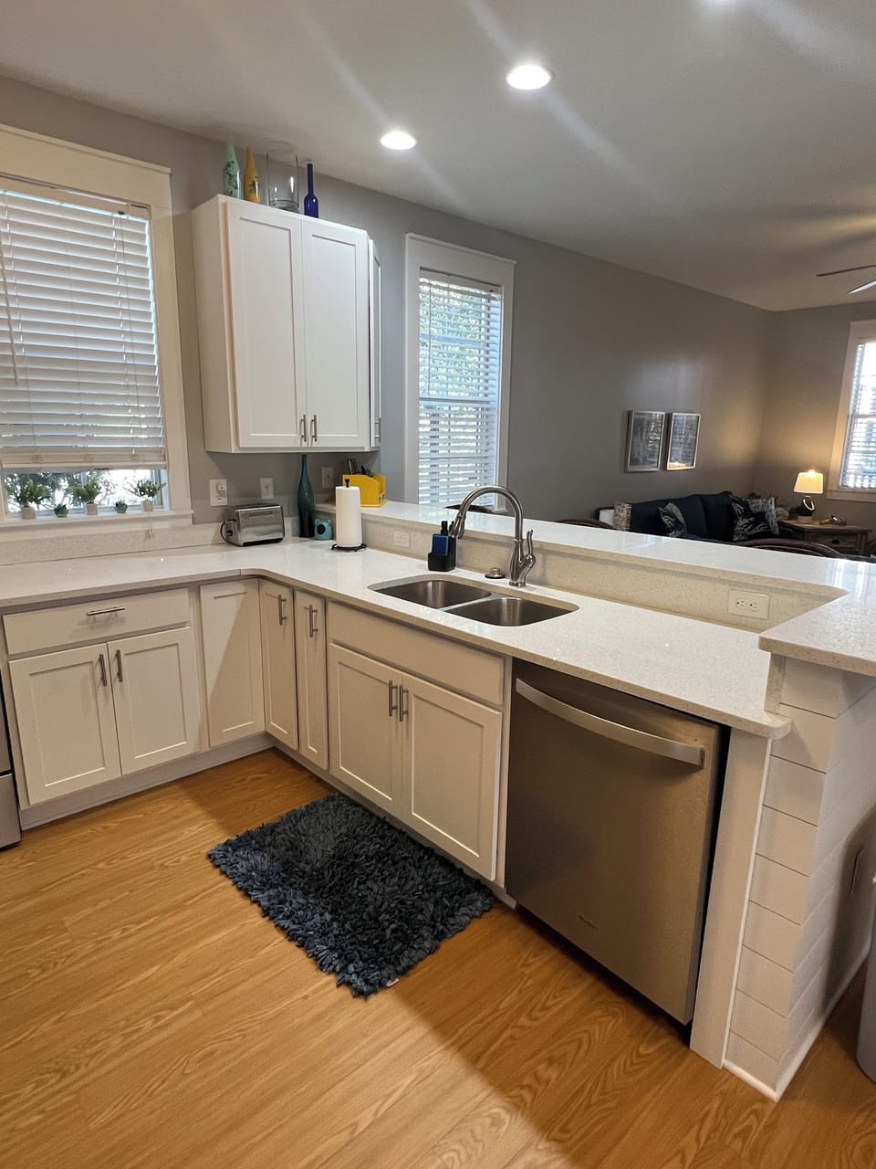 SS dishwasher, sink, and quartz countertops