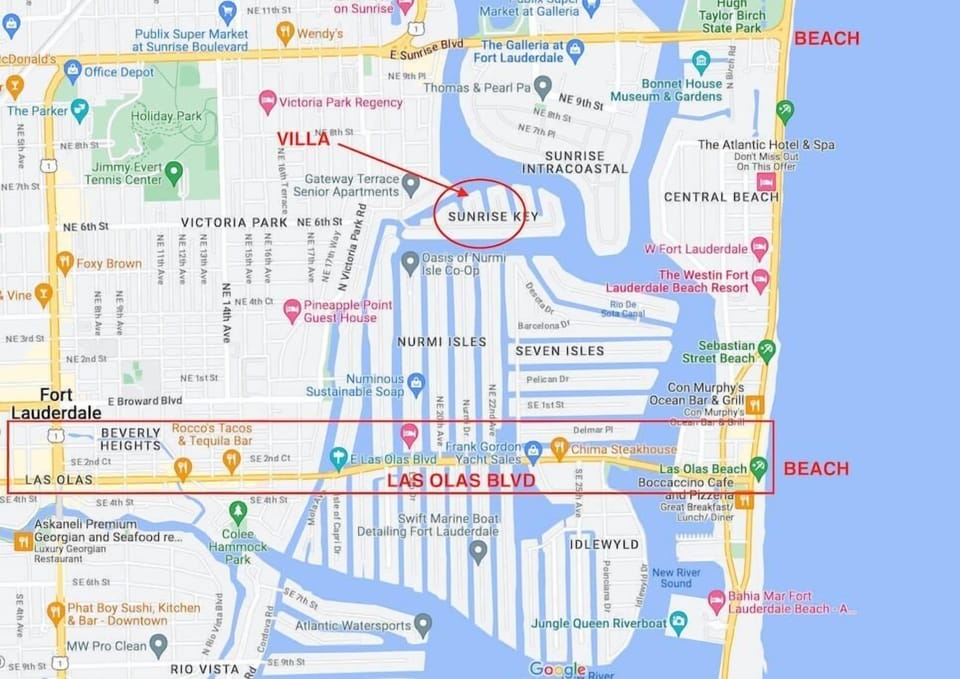 Map Location of Villa Key on Sunrise Key Island in the heart of Fort Lauderdale. 