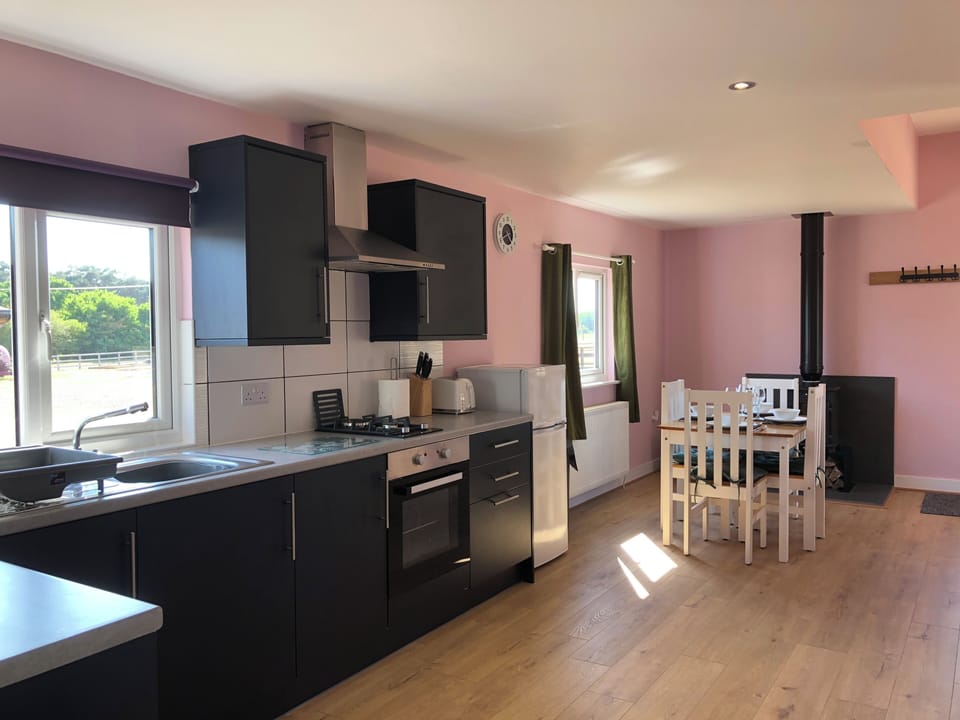 Well equipped kitchen, dining table for 4 and log burner for chilly evenings.