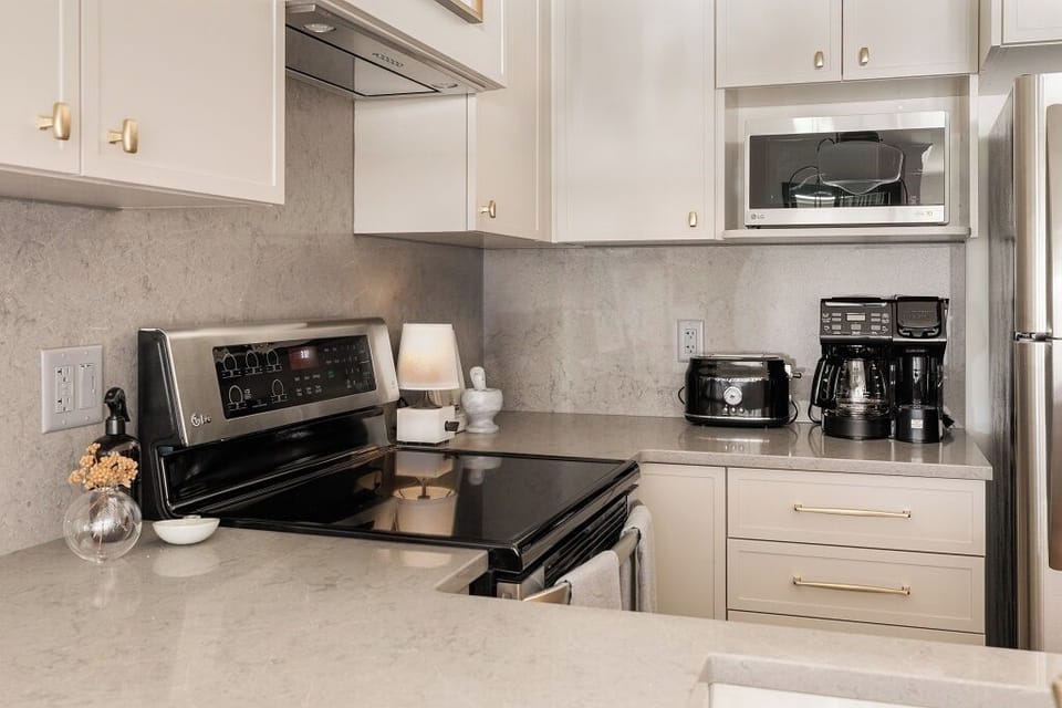 the kitchen is completed with a coffee maker and a toaster