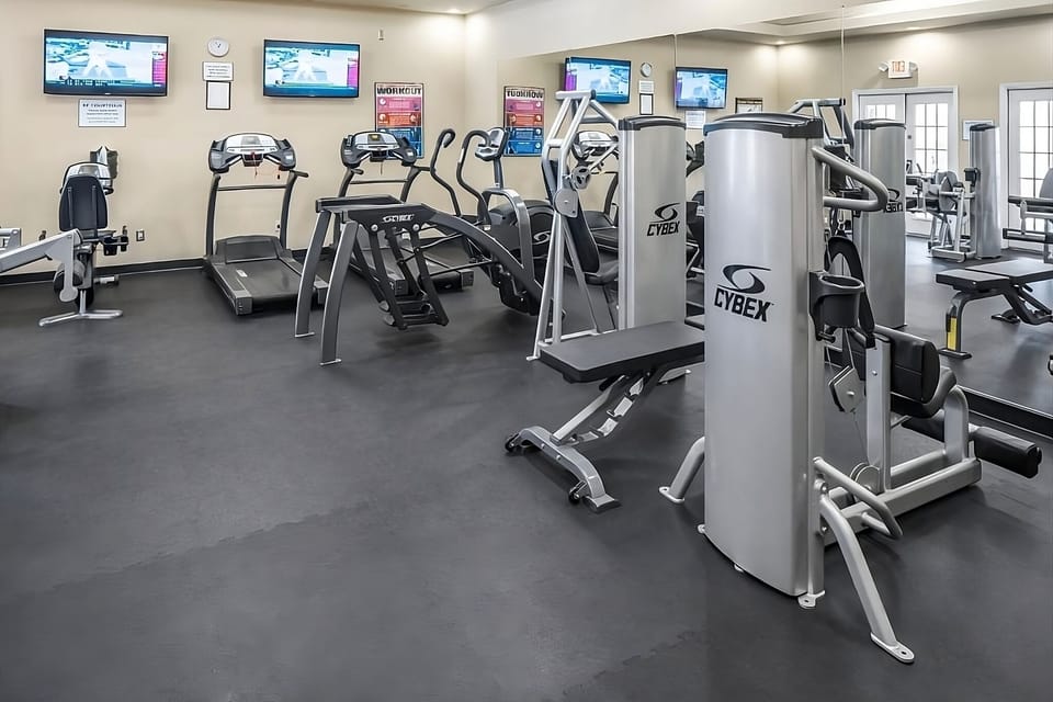 Keep your routine strong in the bright, well-equipped gym.