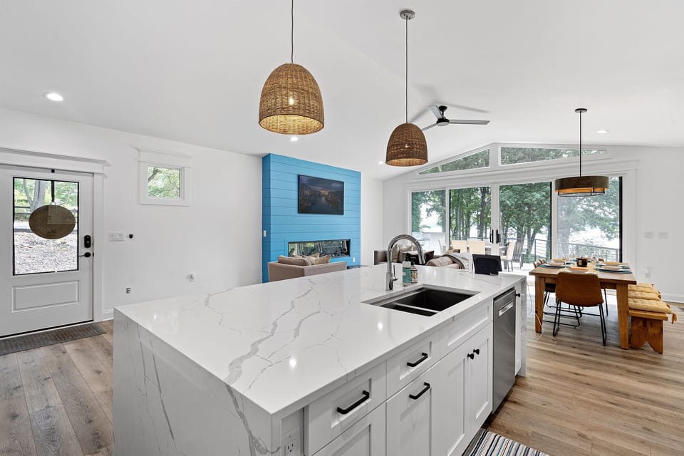 Newly remodeled home with a waterfall island