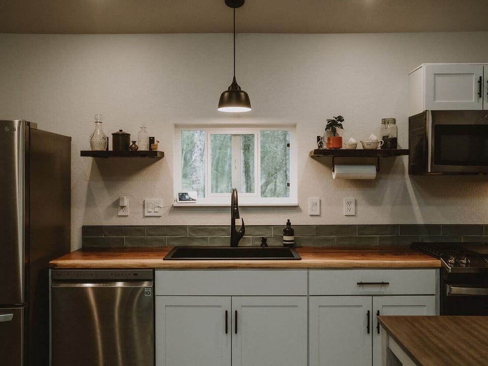 Kitchen with open shelving. 