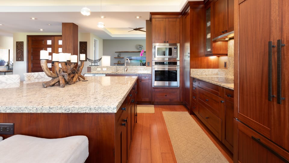 Gourmet kitchen with high-end appliances. A great assortment of spices, oil and vinegar are provided
