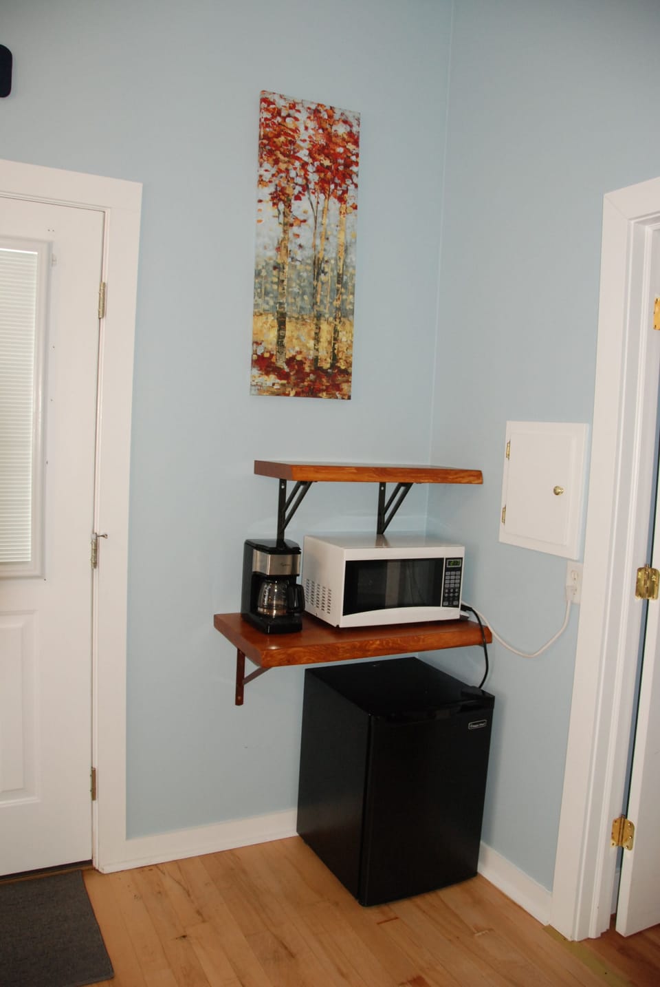 Microwave, coffee maker, mini fridge in detached cottage