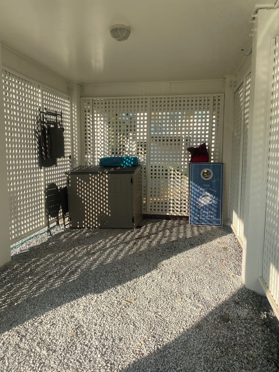 Beach chairs and cornhole board for your enjoyment.