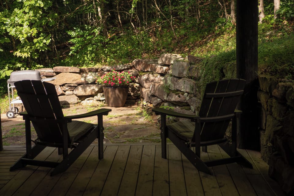View of the stone patio and charcoal grill from the porch.