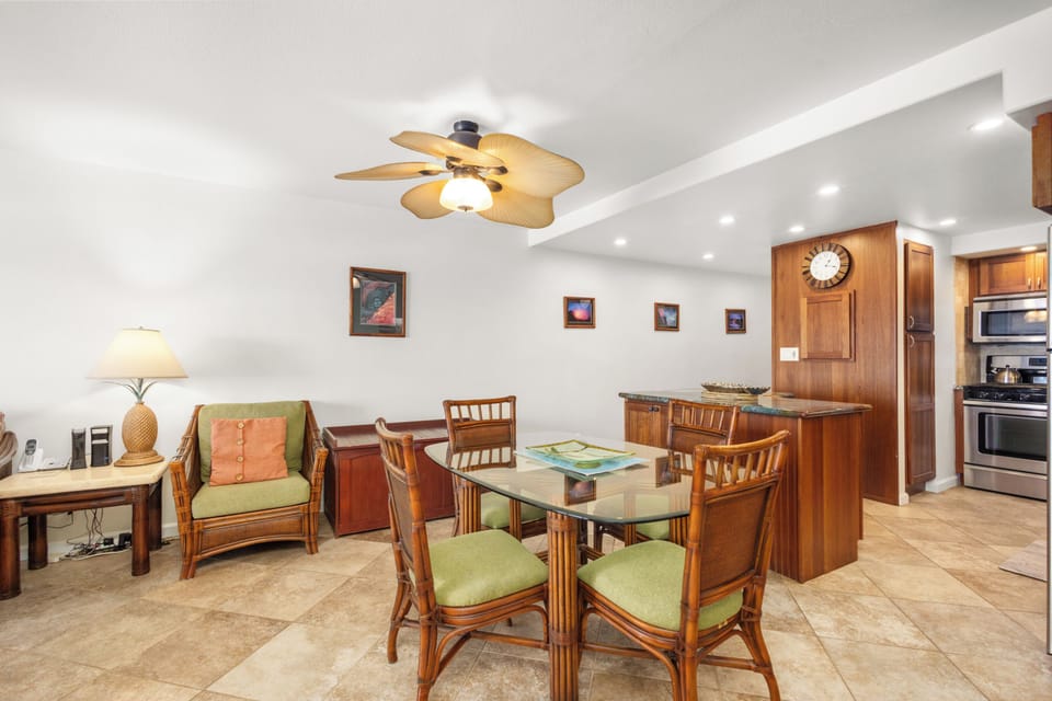 Settle into your tropical-inspired dining area, where island charm meets comfort. Enjoy meals at your own table, surrounded by warm wood tones and relaxing décor that instantly puts you in vacation mode.