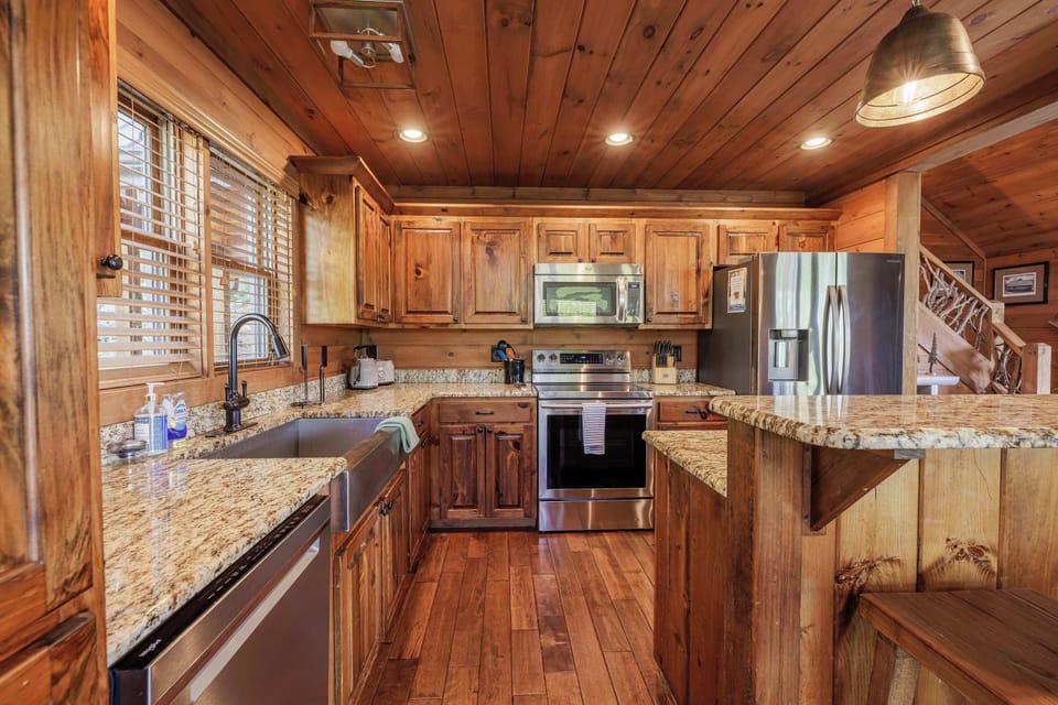 Rustic kitchen details inside Above the Clouds, a rustic mountain cabin rental near Blue Ridge, GA — everything you need for a full mountain retreat.