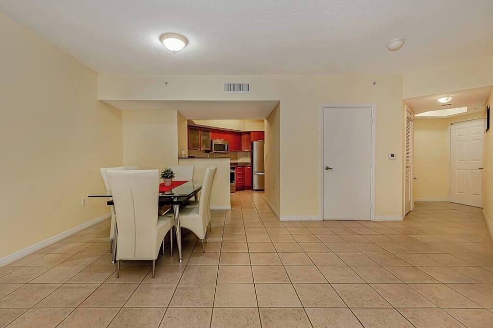 Dining area with seating for six, ideal for enjoying meals together.