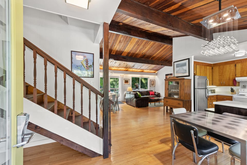 The main level of the house is on the 2nd floor and includes the kitchen, living room, master bedroom, full bathroom, and laundry room.