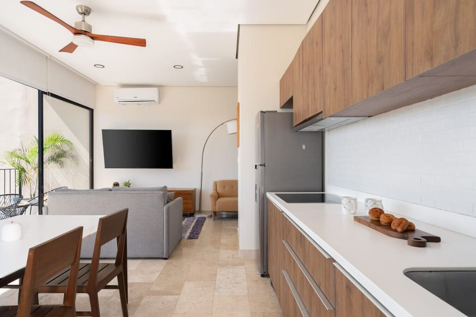 Stylish open space with wood finishes and plenty of natural light.