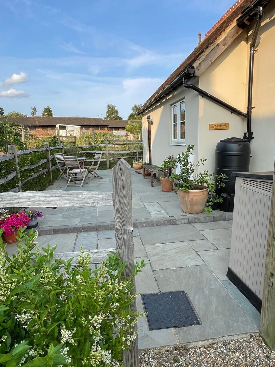 Outside patio area with table and chairs