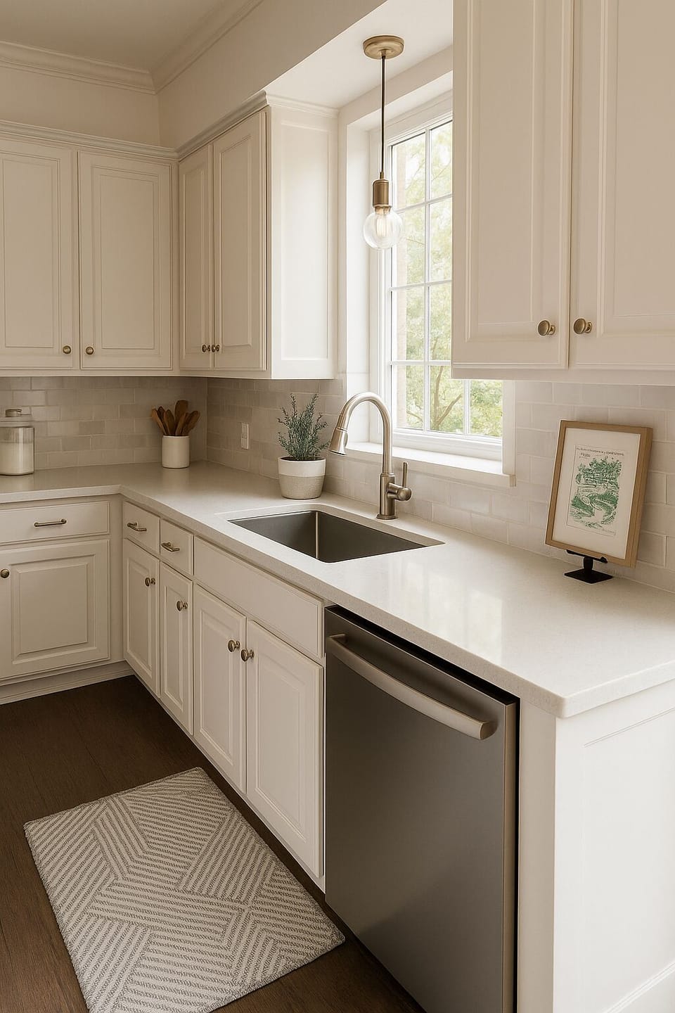 Clean countertops, deep sink, and window views.