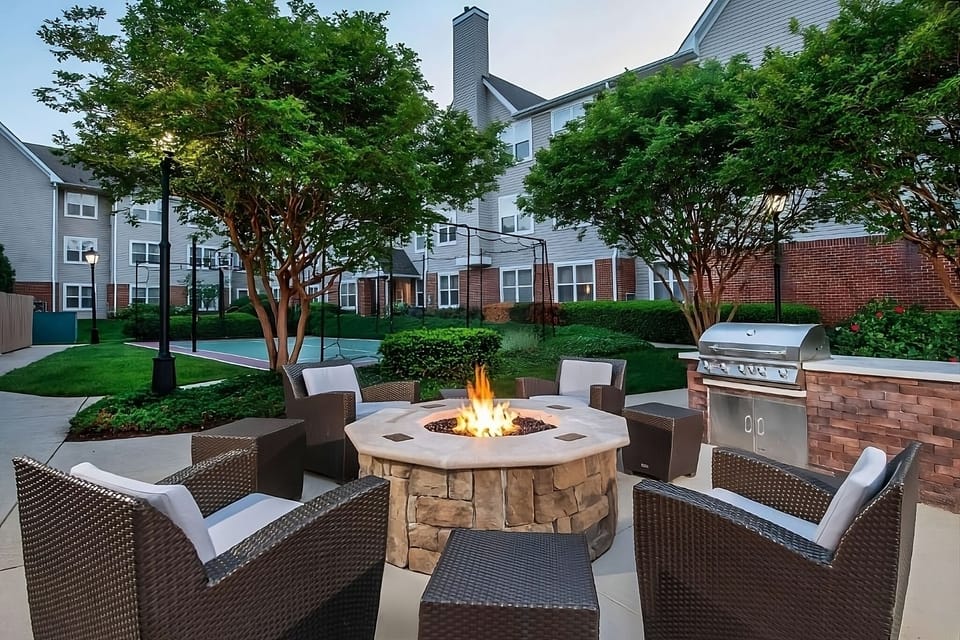 Relax outdoors around the firepit with evening-friendly seating.