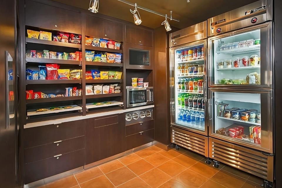 Grab late-night snacks and drinks from the on-site market.