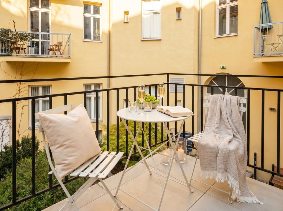 There is a patio in front of the entrance to the apartment where you can enjoy sunny mornings or evenings