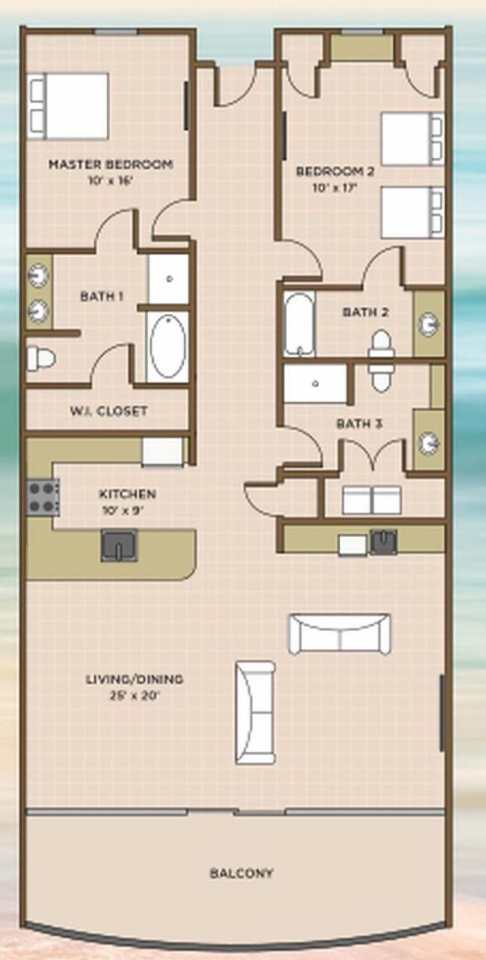 Explore this spacious 2 bedroom layout with 3 baths, laundry closet, and balcony on the beach